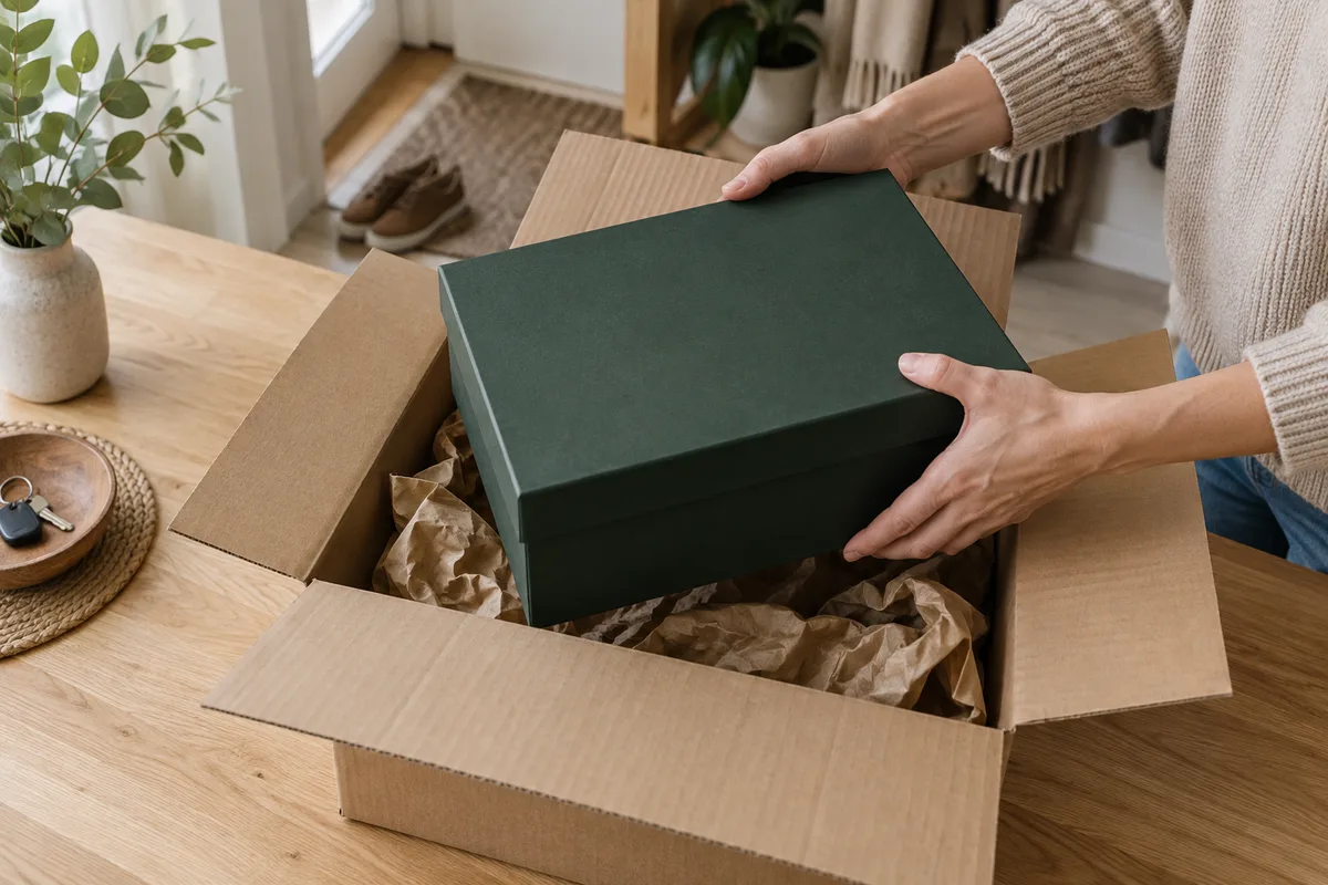 Colis en carton brun ouvert sur un plan de travail, une boîte de rangement vert sapin sortie de son calage