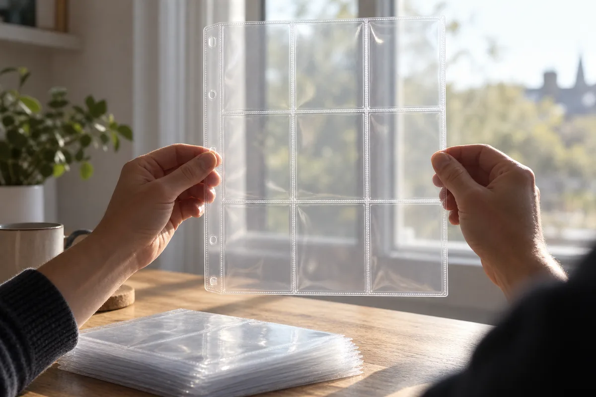 Mains d&rsquo;adulte qui inspectent à contre-jour une pochette transparente vide à neuf cases
