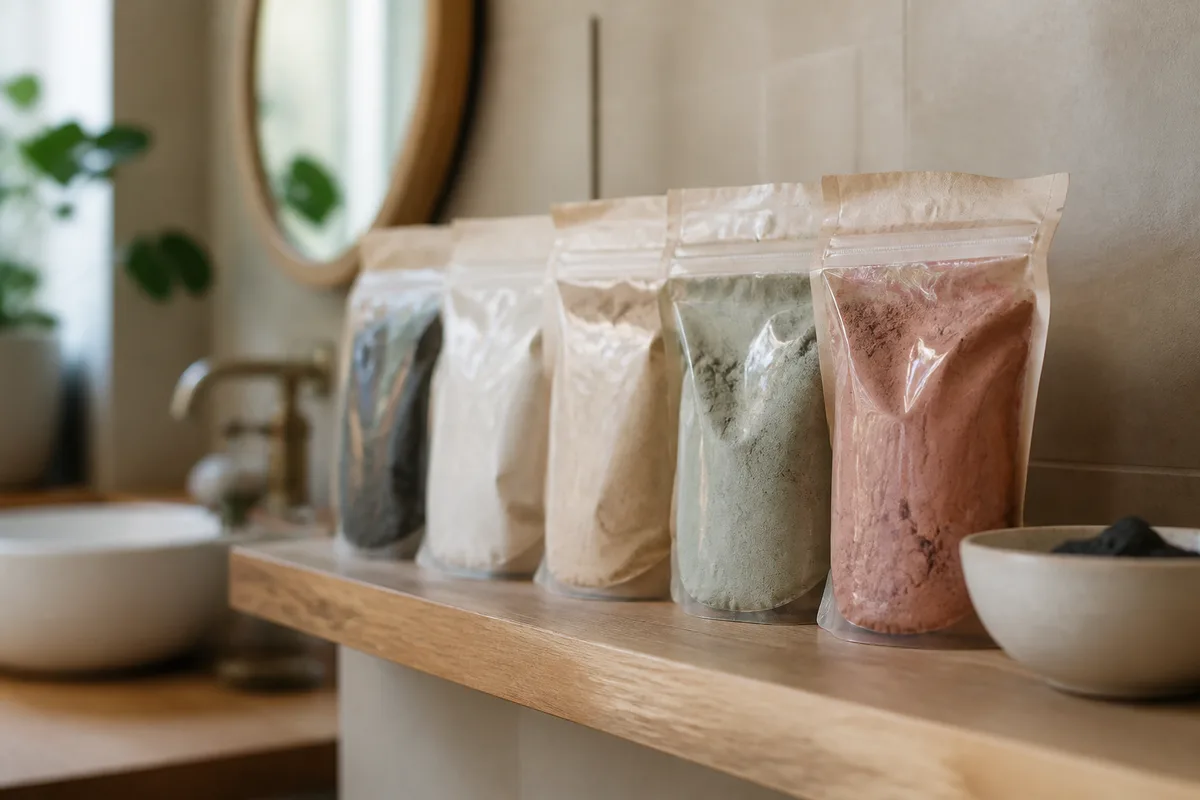 Sachets d&rsquo;argiles cosmétiques de différentes couleurs posés sur une étagère de salle de bain