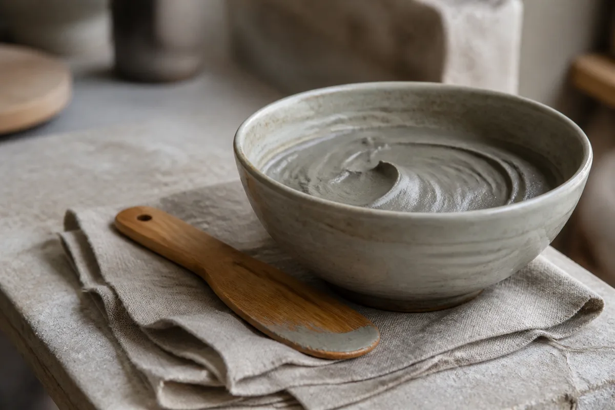 Bol en céramique contenant une pâte d&rsquo;argile grise et une spatule en bois posée sur un linge