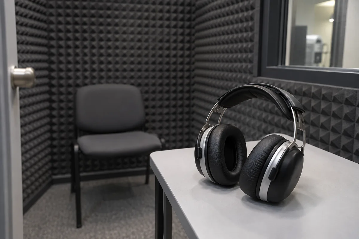 Casque d&rsquo;audiométrie posé sur une table dans une cabine insonorisée vide