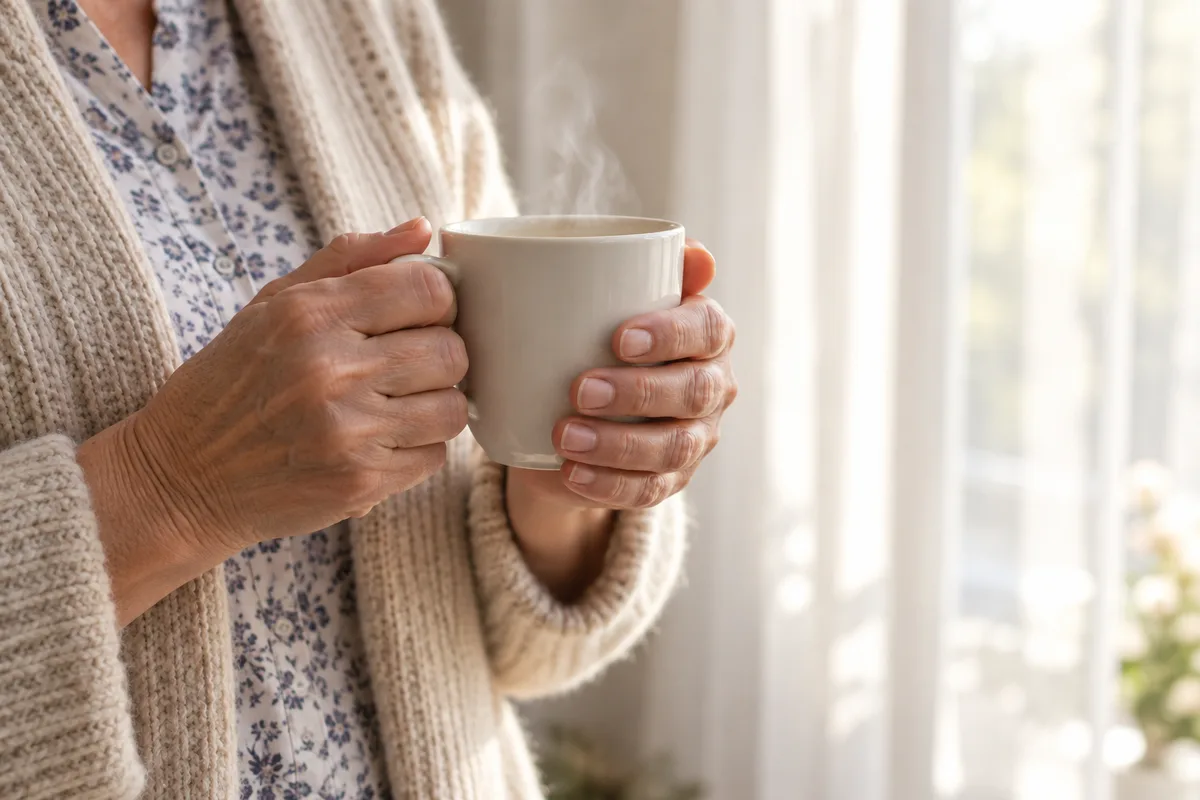 Mains d&rsquo;une femme tenant une tasse près d&rsquo;une fenêtre baignée de lumière naturelle