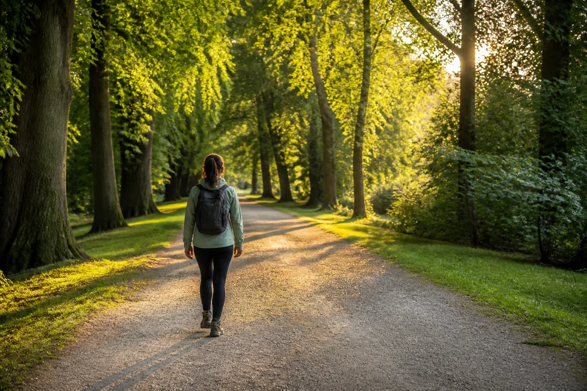 Silhouette de marcheuse de dos sur une allée de parc en fin d&rsquo;après-midi