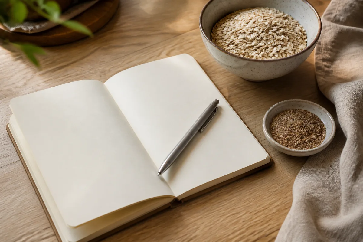 Carnet ouvert sur des pages vierges à côté d&rsquo;un bol de flocons d&rsquo;avoine et de graines de lin