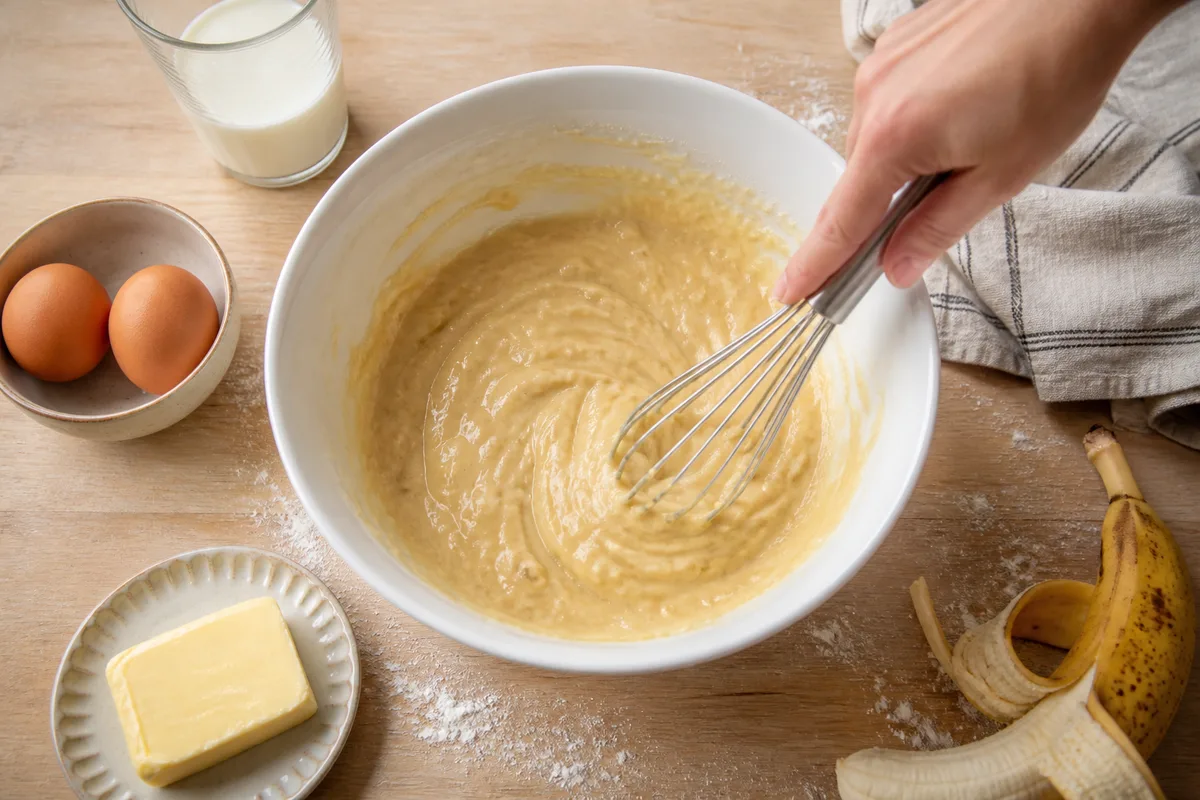 Preparation d&rsquo;un gateau maison : farine, oeufs et beurre autour d&rsquo;un saladier sur un plan de travail lumineux