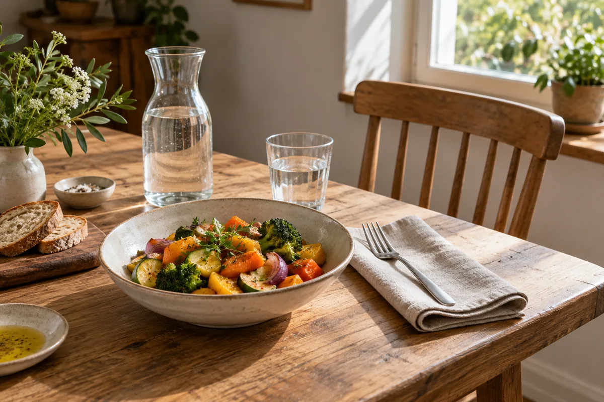 Table dressée pour un déjeuner léger, assiette de légumes cuits et carafe d&rsquo;eau près d&rsquo;une fenêtre