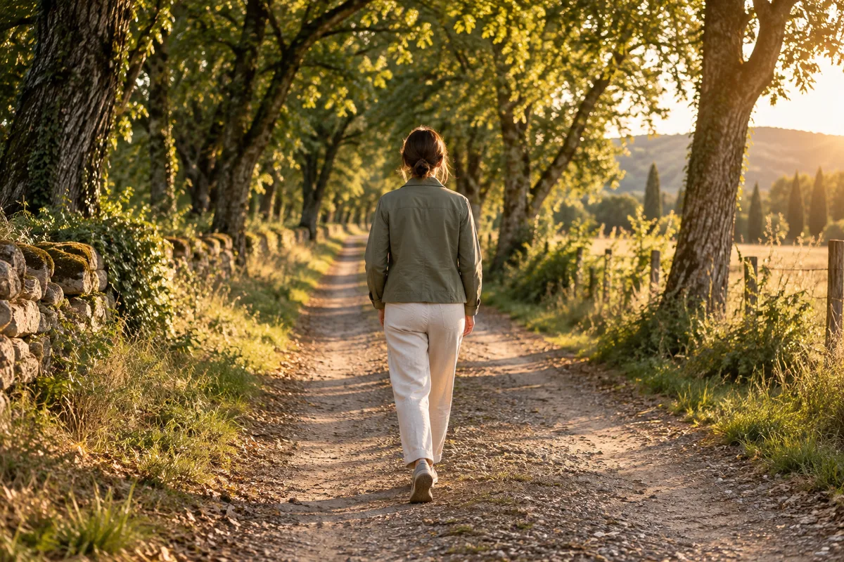 Femme vue de dos marchant sur un chemin de campagne bordé d&rsquo;arbres en fin d&rsquo;après-midi
