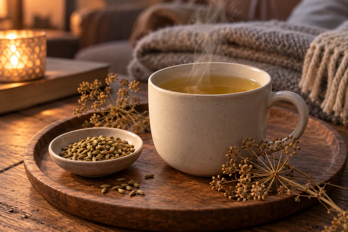 Tasse d&rsquo;infusion fumante et graines de fenouil dans une soucoupe sur un plateau en bois