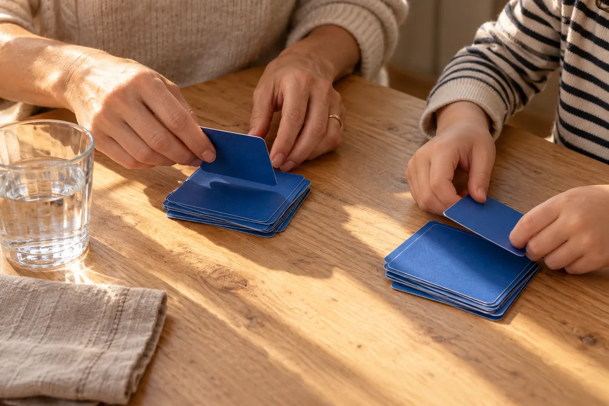 Mains d&rsquo;une mère et d&rsquo;un enfant qui trient deux petites piles de cartes à collectionner sur une table de cuisine