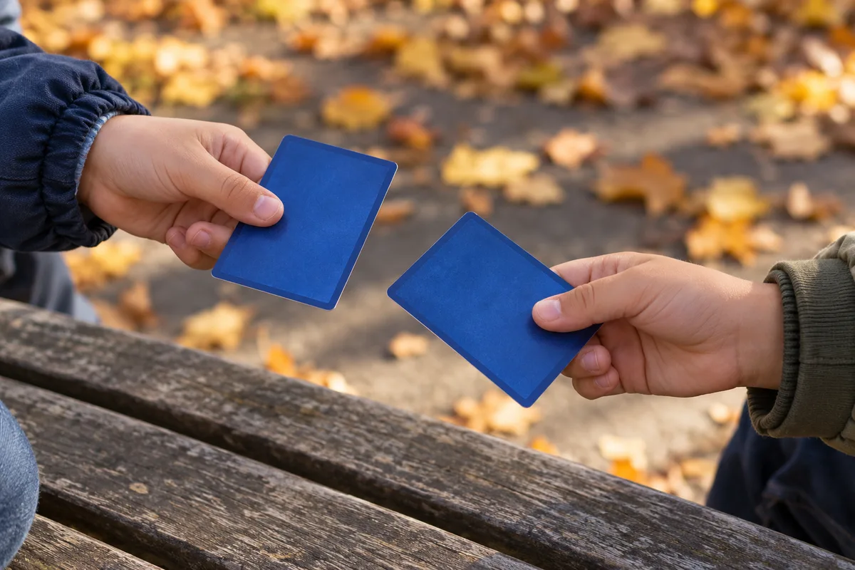 Deux mains d&rsquo;enfants qui se tendent chacune une carte à collectionner au-dessus d&rsquo;un banc en bois