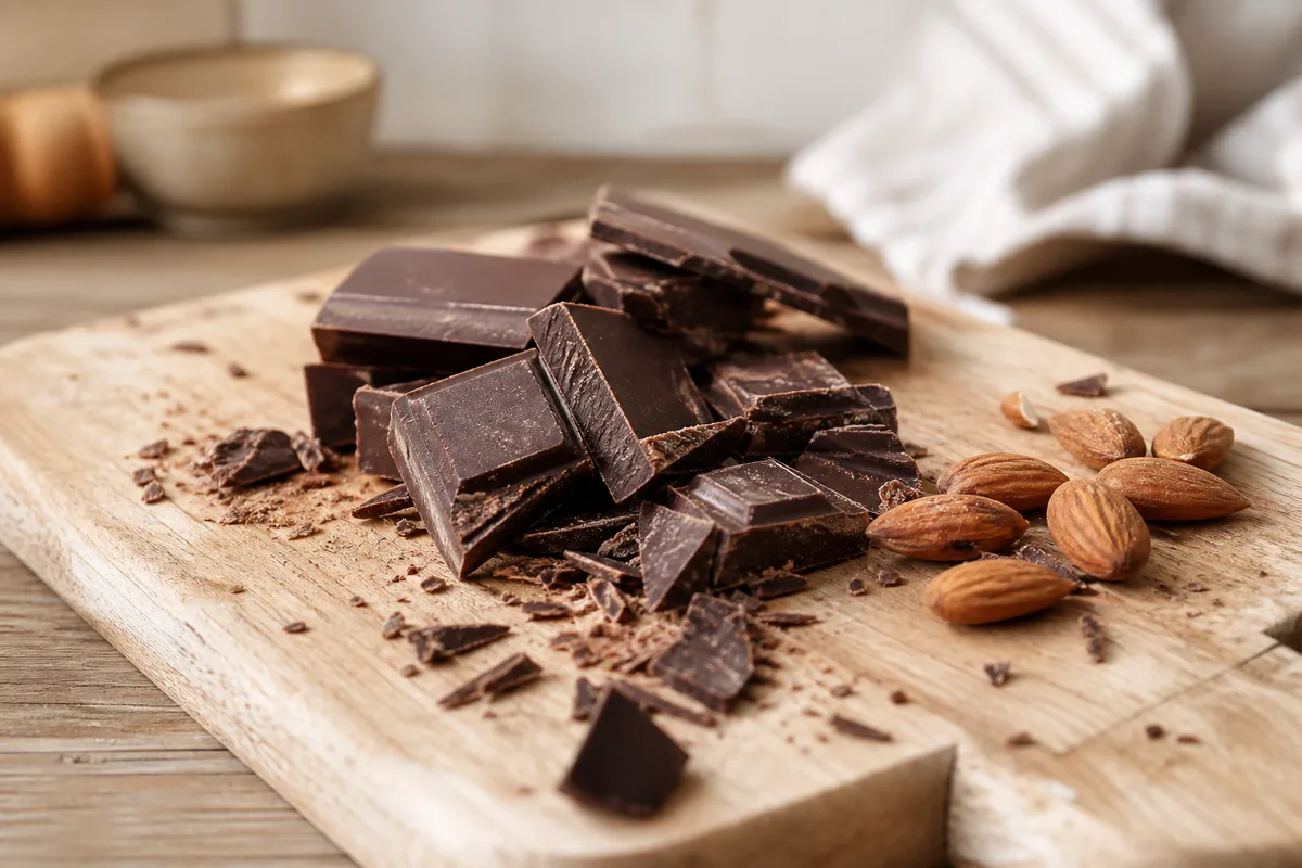 Carré de chocolat noir cassé sur une planche en bois clair