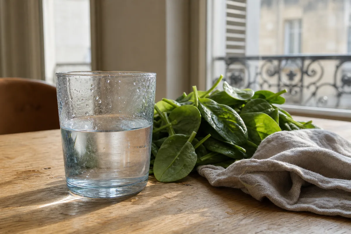 Verre d&rsquo;eau et épinards frais sur une table baignée de lumière du matin