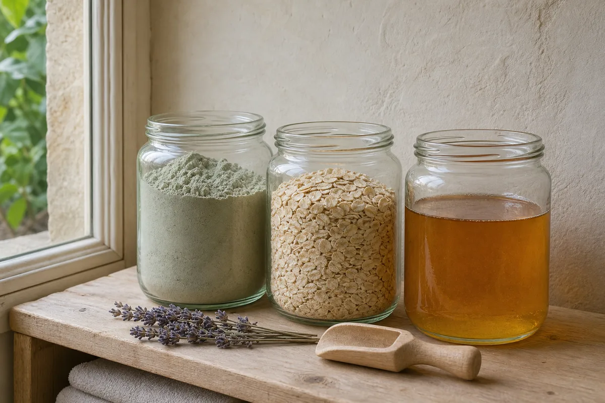Bocaux en verre alignés contenant argile verte en poudre, flocons d&rsquo;avoine et miel, sur une étagère en bois