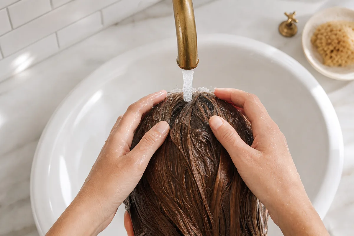 Mains rinçant de longs cheveux sous un jet d&rsquo;eau dans un lavabo en céramique blanche