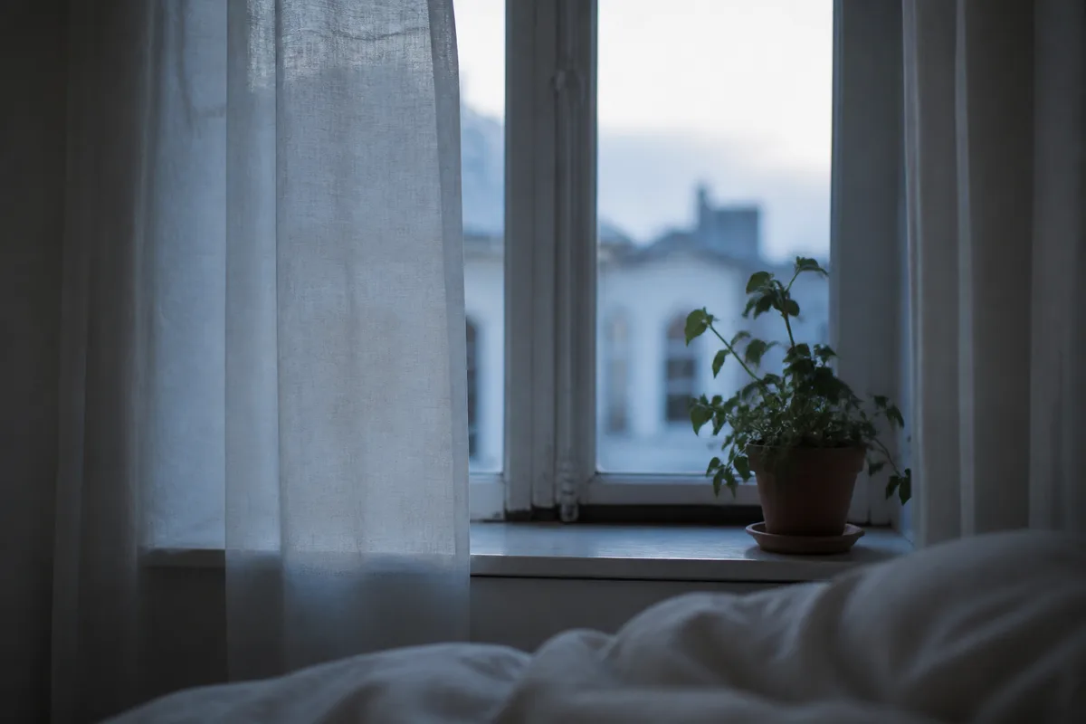 Fenêtre de chambre au petit matin, lumière pâle traversant un voilage en lin blanc