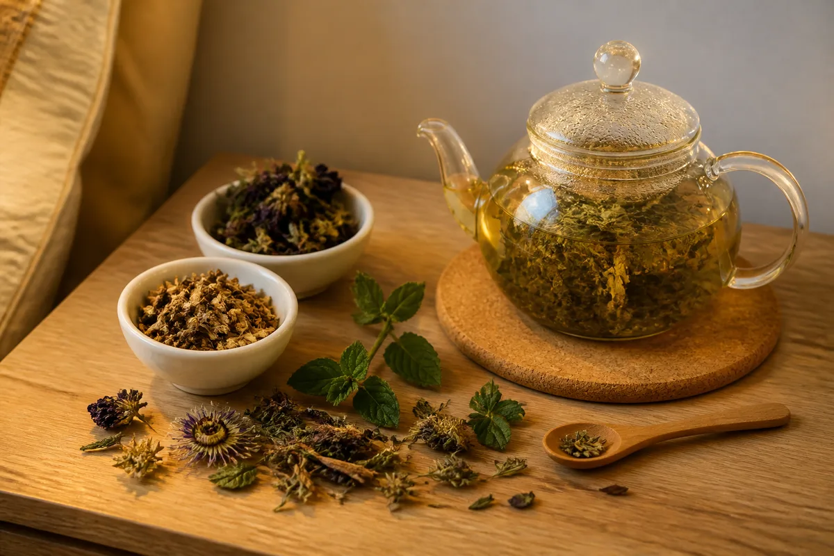 Tisanière en verre et plantes séchées disposées sur une table de chevet en bois clair