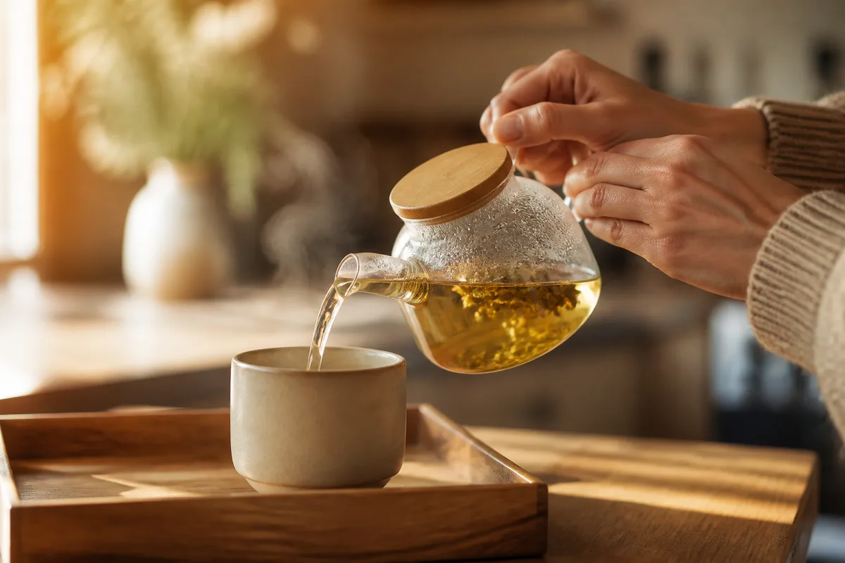 Mains adultes versant une infusion claire dans une tasse en céramique posée sur un plateau
