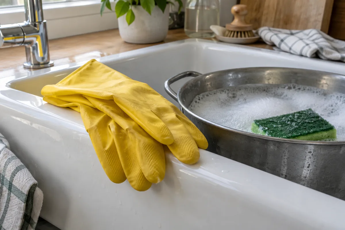 Gants de ménage en caoutchouc posés au bord d&rsquo;un évier à côté d&rsquo;une bassine d&rsquo;eau savonneuse