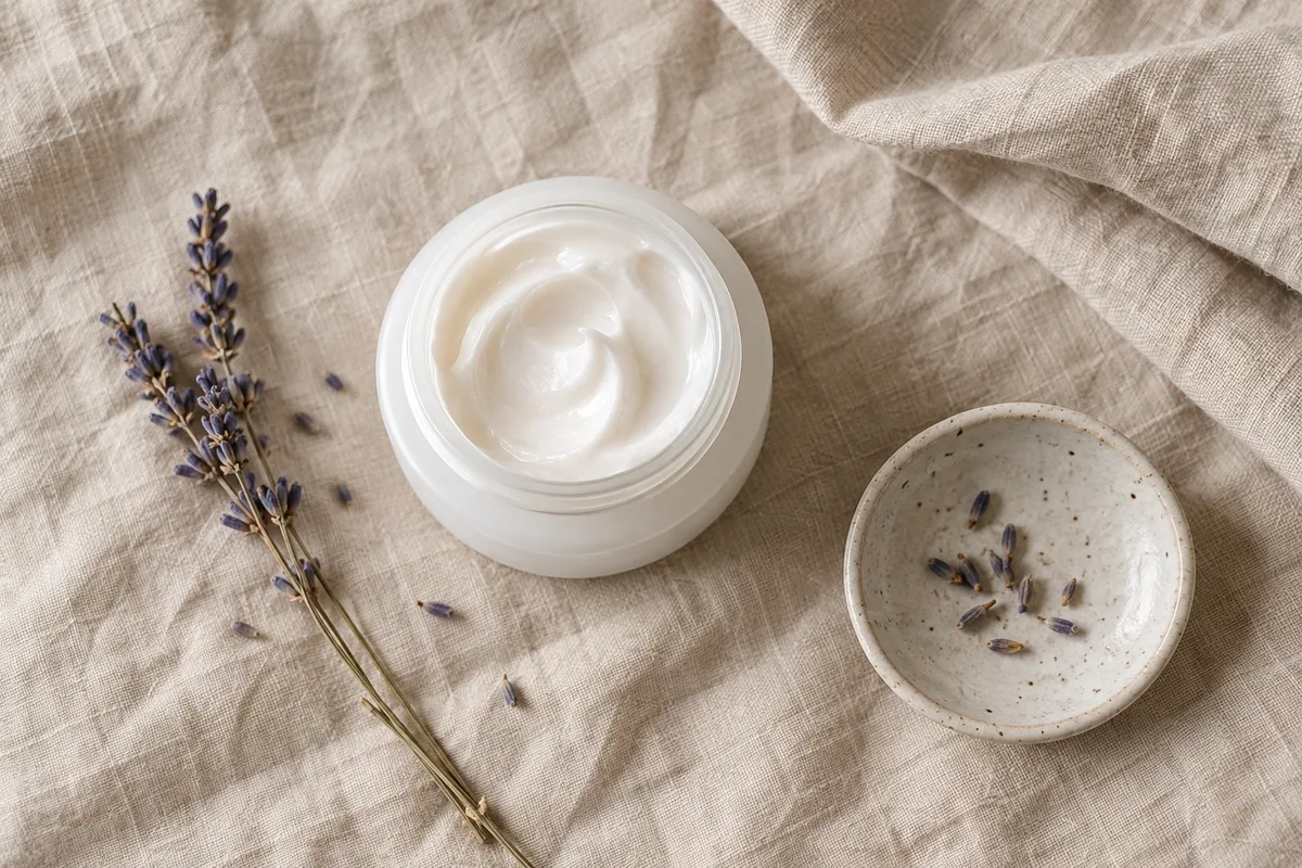 Pot de crème pour les mains ouvert sur un linge en lin beige, à côté d&rsquo;un brin de lavande
