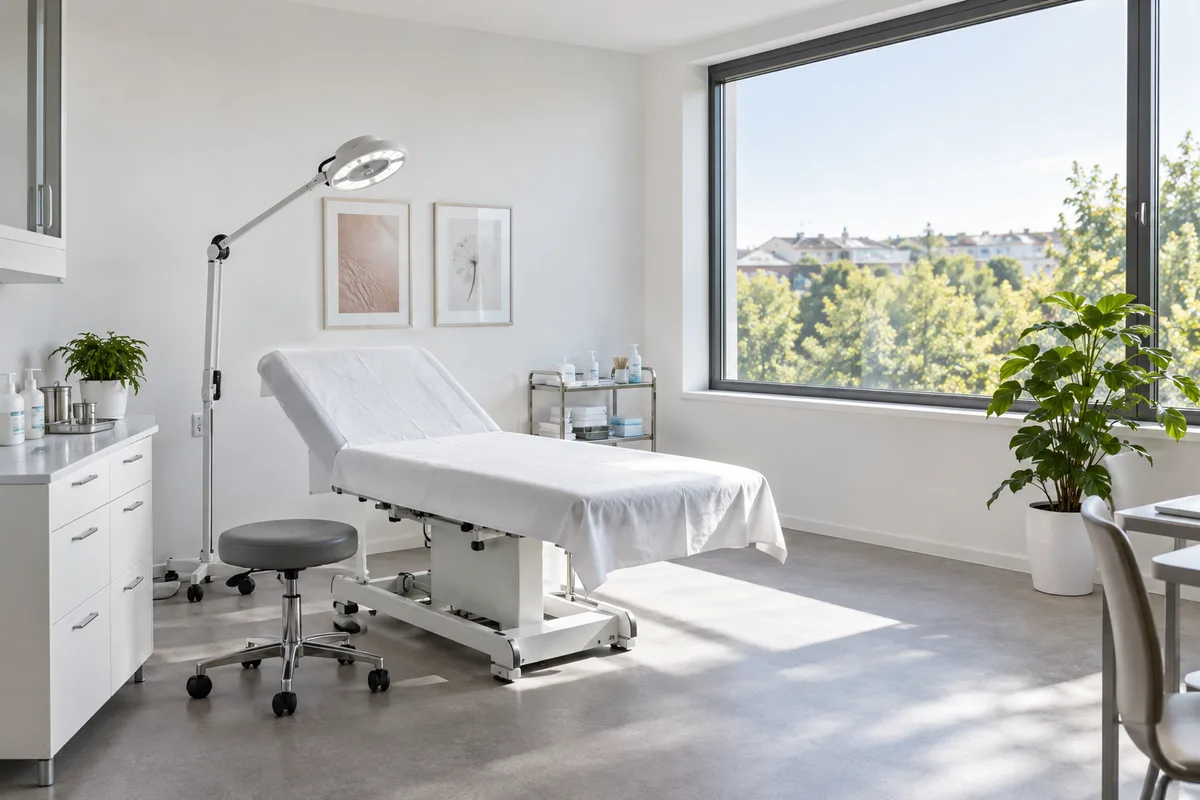 Cabinet médical lumineux avec une table d&rsquo;examen et une lampe articulée près de la fenêtre