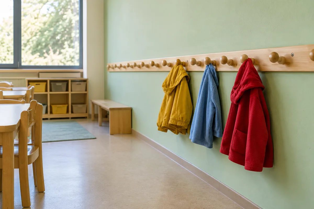 Porte-manteaux à hauteur d&rsquo;enfant dans une classe de maternelle vide, petits vêtements colorés suspendus