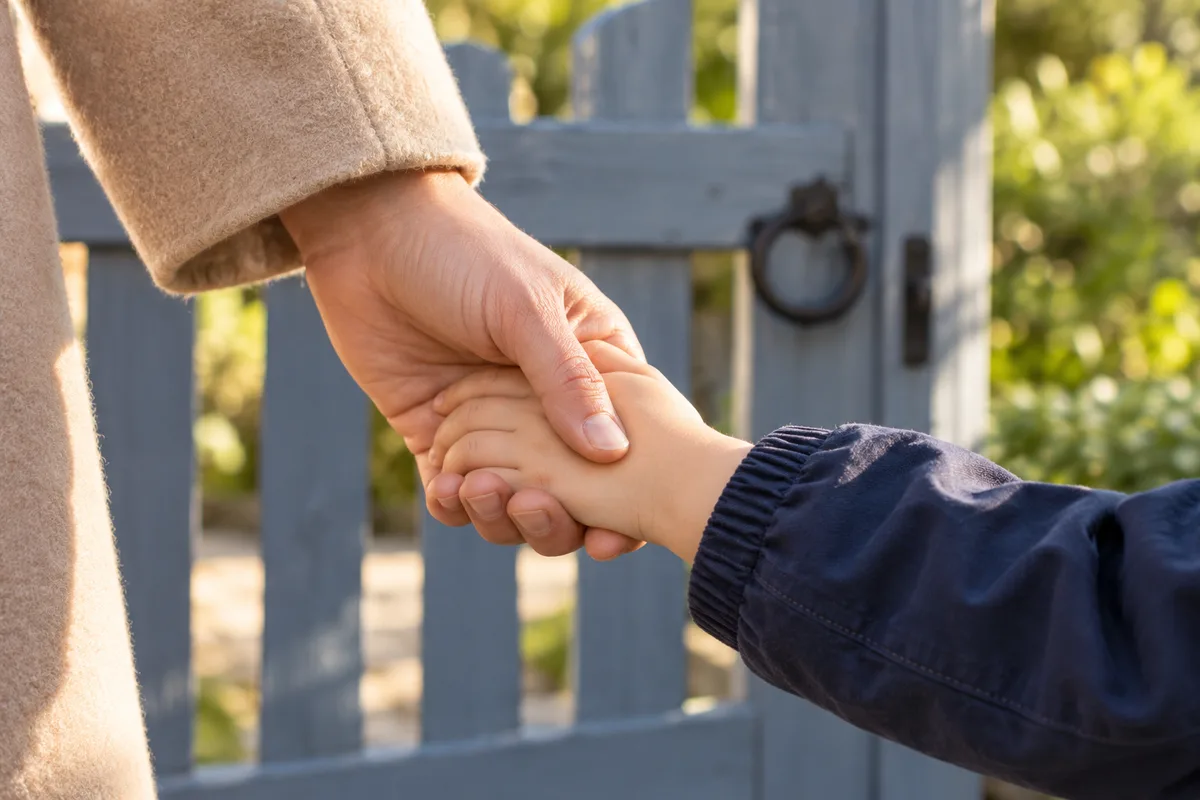 Main d&rsquo;adulte qui tient la petite main d&rsquo;un enfant devant le portail en bois d&rsquo;une école