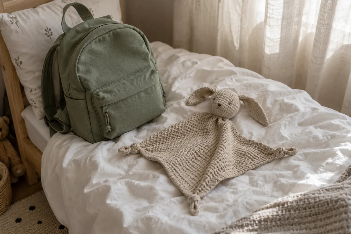 Doudou plat en tissu uni posé sur un lit d&rsquo;enfant à côté d&rsquo;un petit sac à dos