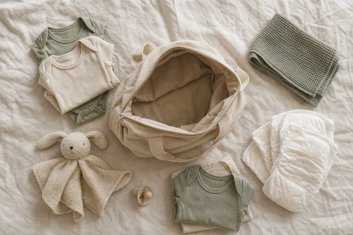 Sac de cabine ouvert en vue de dessus sur un lit clair, doudou en tricot et vêtements de bébé pliés