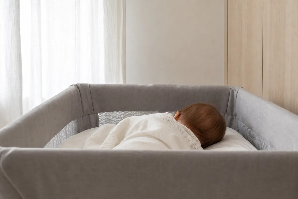 Bébé endormi vu de dos dans un lit parapluie en tissu, près d’une fenêtre voilée de lumière du jour