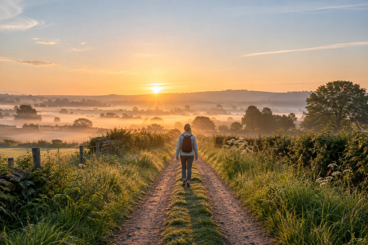 Femme de dos marchant sur un chemin de campagne dans la lumière du matin