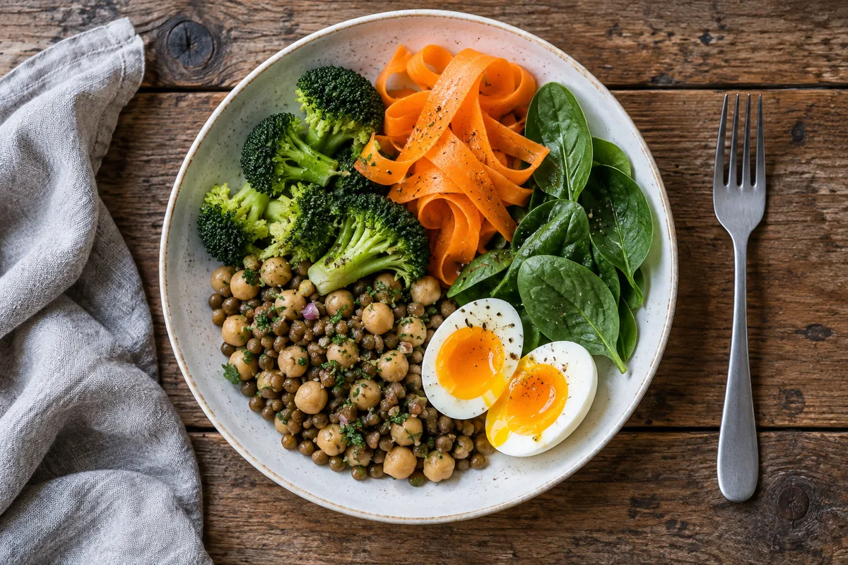 Assiette de légumes, œuf et légumineuses vue du dessus sur une table en bois