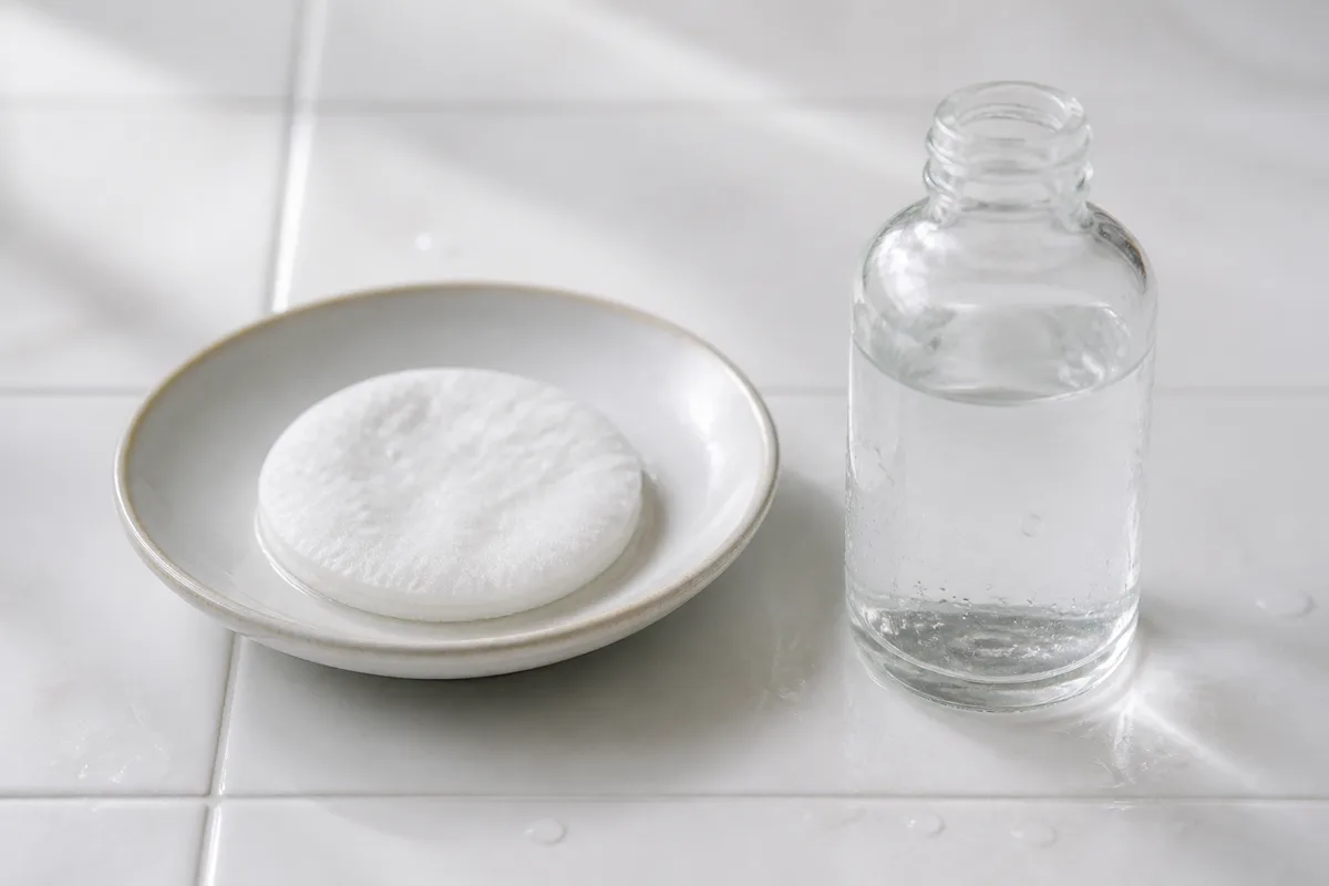 Coton et flacon de lotion poses sur une tablette de salle de bain en ceramique claire