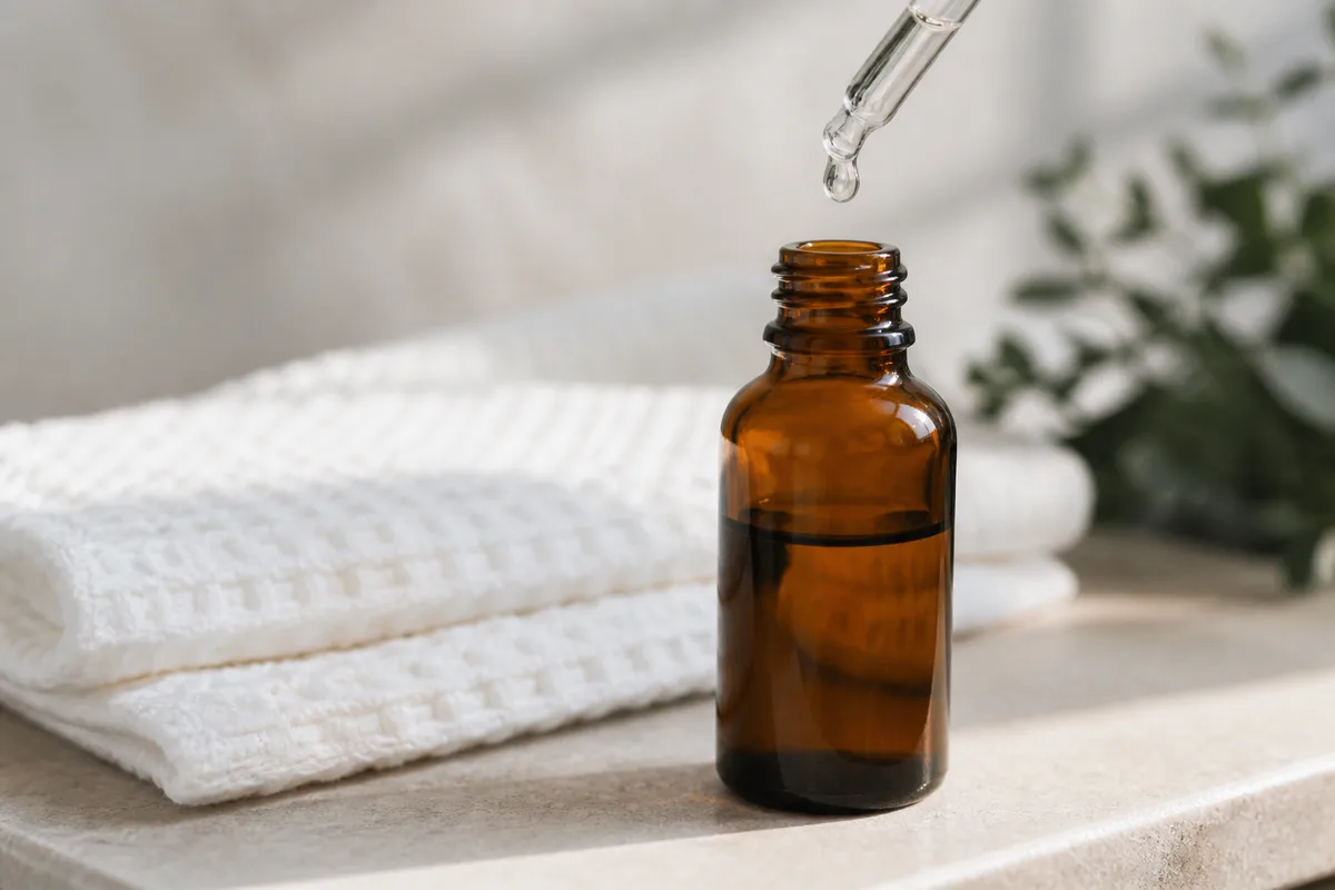 Flacon compte-gouttes de serum pose pres d&rsquo;une serviette pliee, lumiere naturelle douce