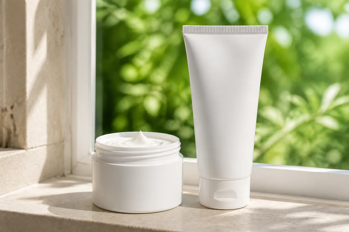 Creme fluide et tube de protection solaire alignes sur un rebord clair pres d&rsquo;une fenetre