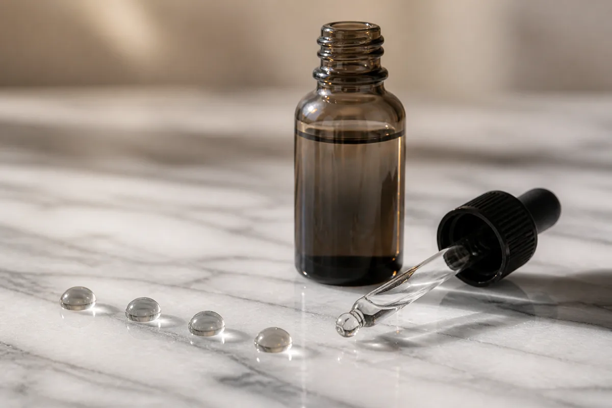 Gouttes de sérum posées sur un plan de marbre clair à côté d&rsquo;un flacon compte-gouttes en verre