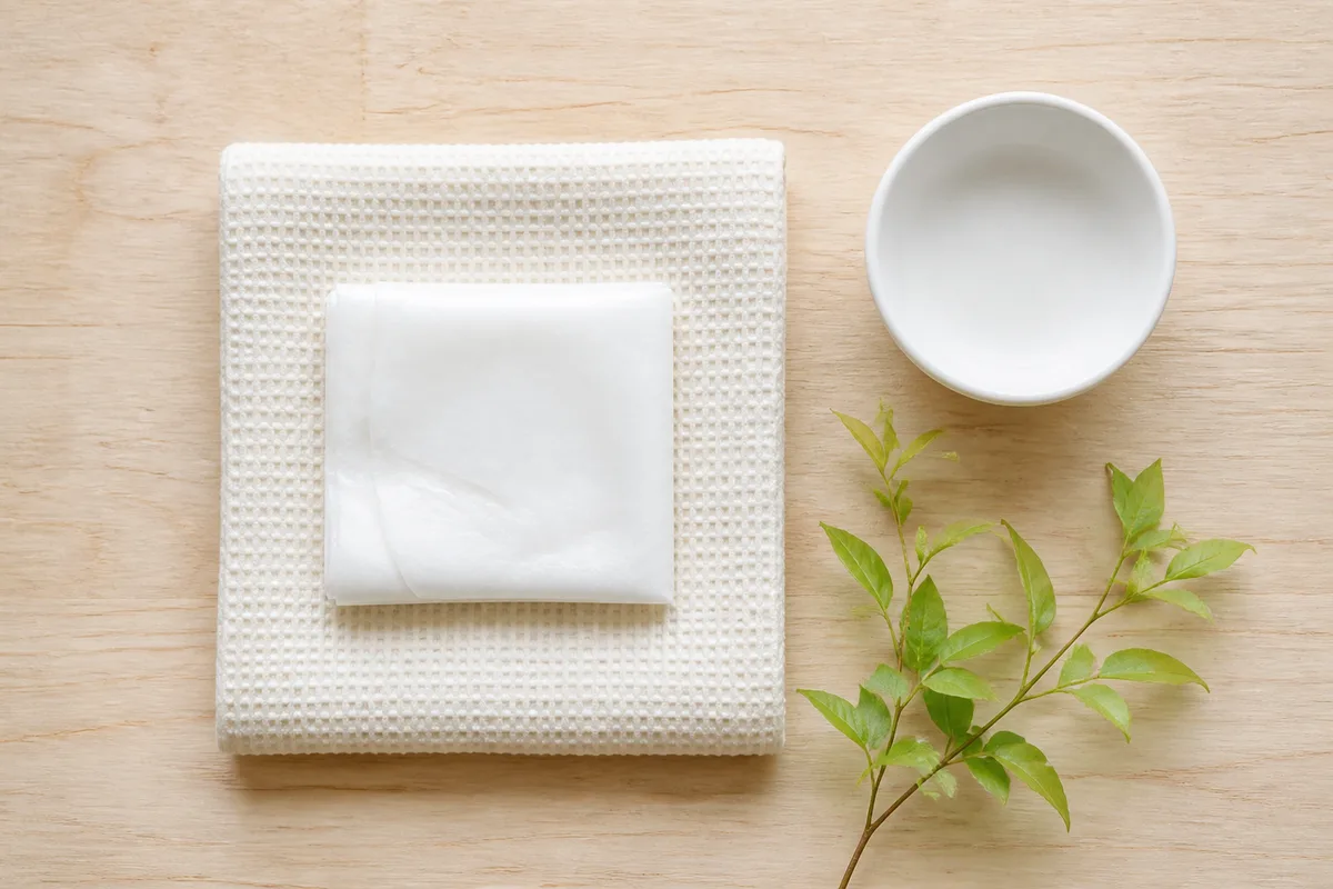 Masque en tissu plié sur une serviette claire pliée, étape hydratante de la routine coréenne