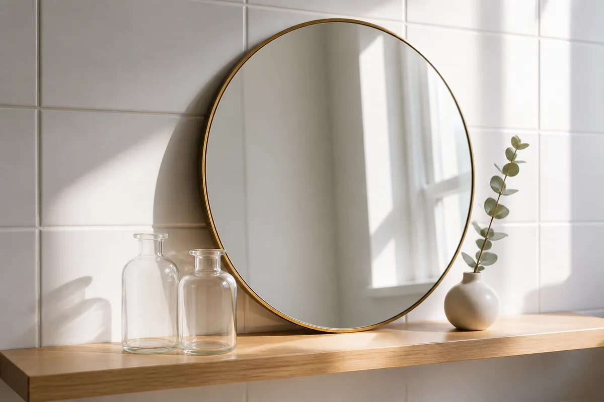 Reflet de miroir rond et lumière naturelle du matin sur une étagère de salle de bain claire