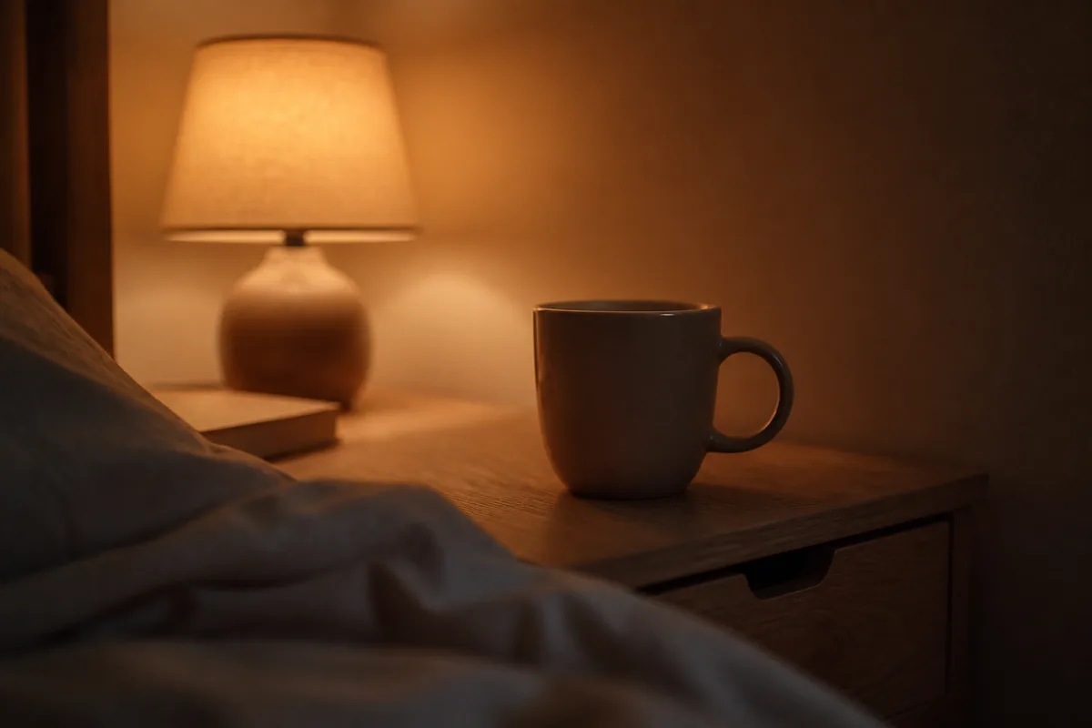 Tasse posée sur une table de chevet en bois, lampe à lumière chaude très basse