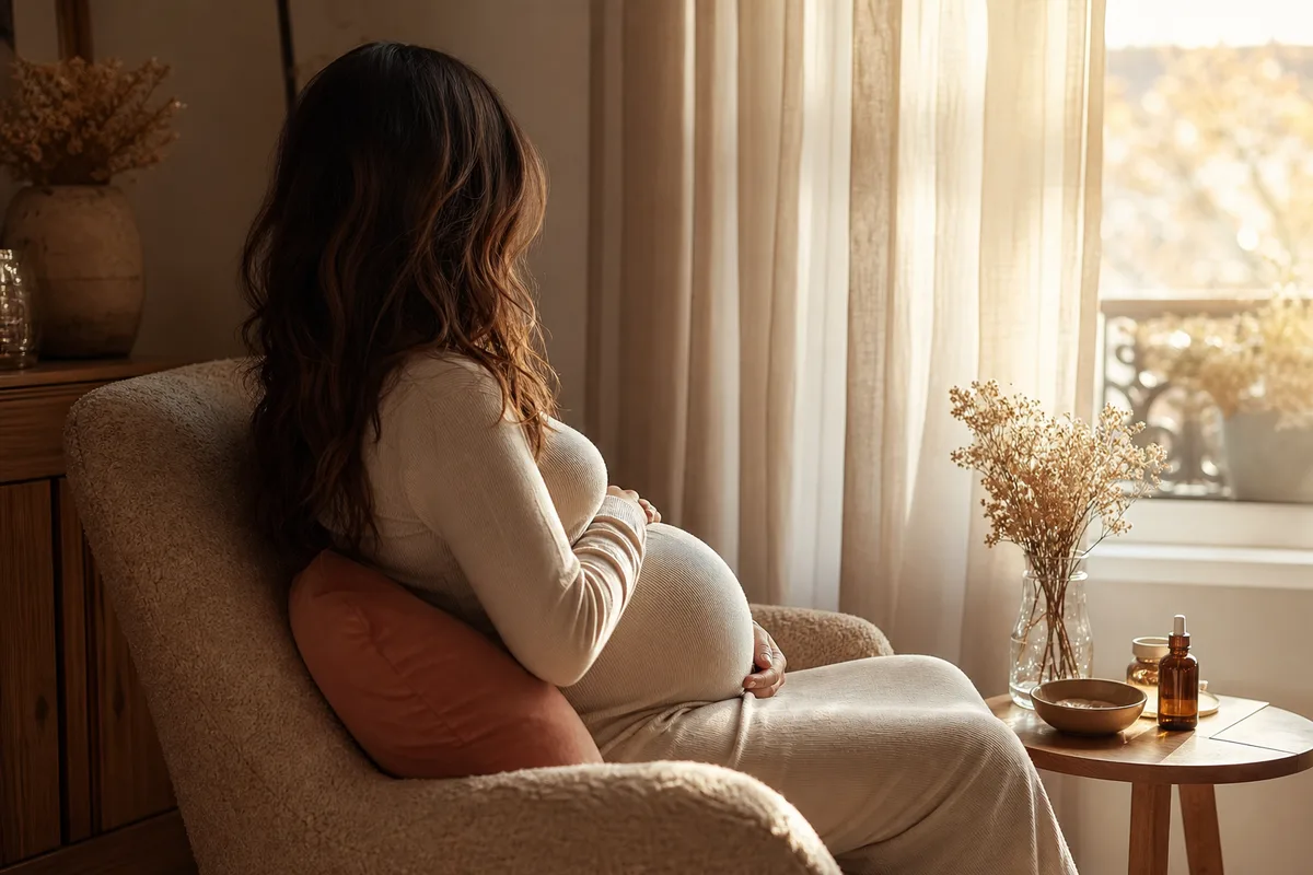 Femme enceinte assise près d’une fenêtre en fin d’après-midi, silhouette de profil, ambiance douce