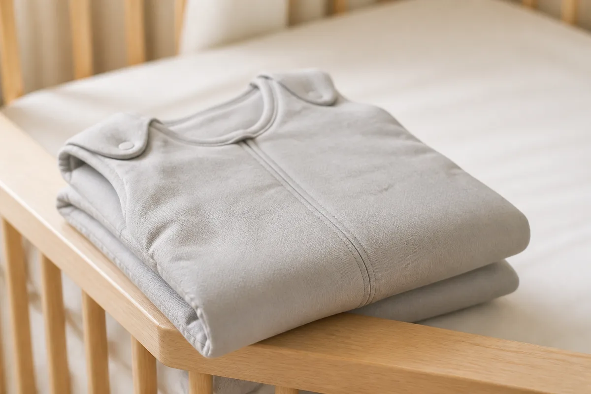 Lit à barreaux en bois clair au drap-housse bien tendu, gigoteuse en coton pliée sur le rebord, chambre en lumière douce