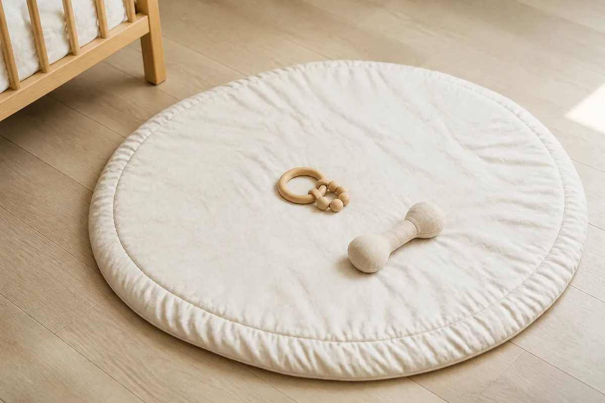 Tapis d&rsquo;éveil en coton au sol près d&rsquo;un lit à barreaux, anneau de dentition en bois et hochet en tissu posés dessus