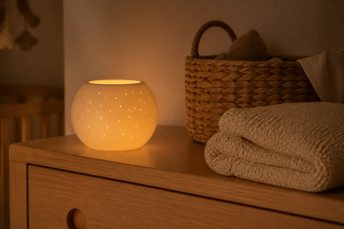 Veilleuse à lumière chaude et petit panier en osier posés sur une commode en bois clair dans une chambre d&rsquo;enfant le soir