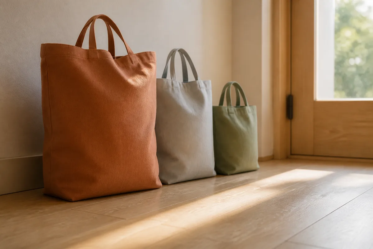 Valise souple beige ouverte sur un lit blanc avec des vêtements de nouveau-né en coton pliés à côté