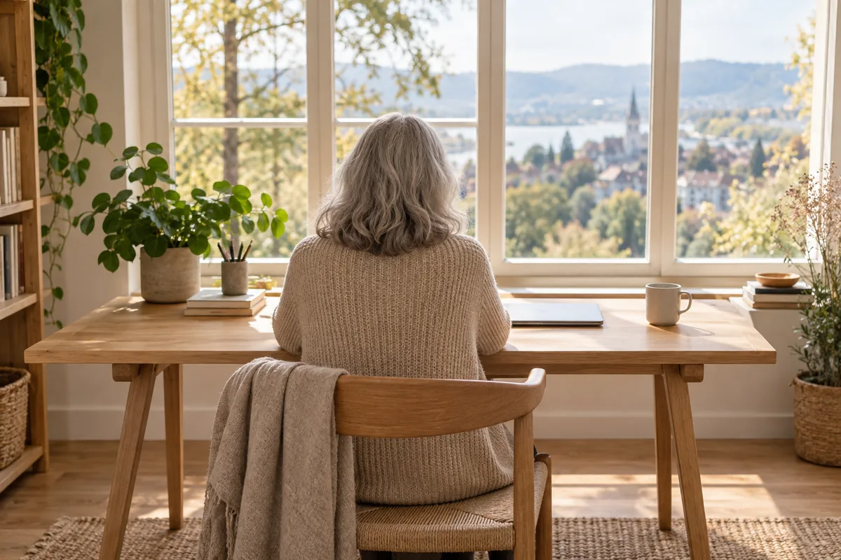 Femme aux cheveux gris vue de dos assise à un bureau face à une fenêtre, ordinateur portable fermé et plante verte