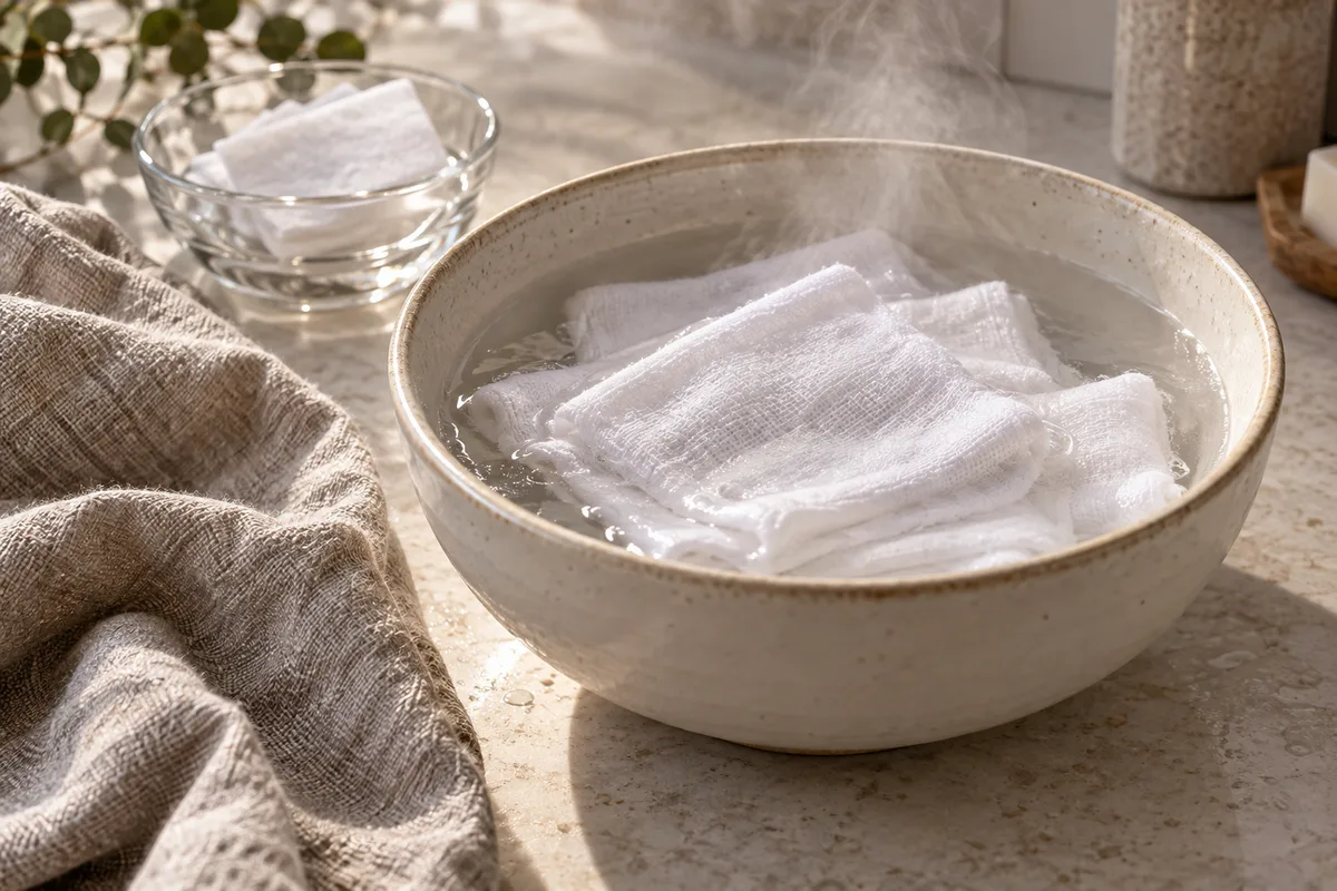 Compresses en coton blanc pliées dans un bol en céramique rempli d&rsquo;eau tiède fumante et serviette en lin