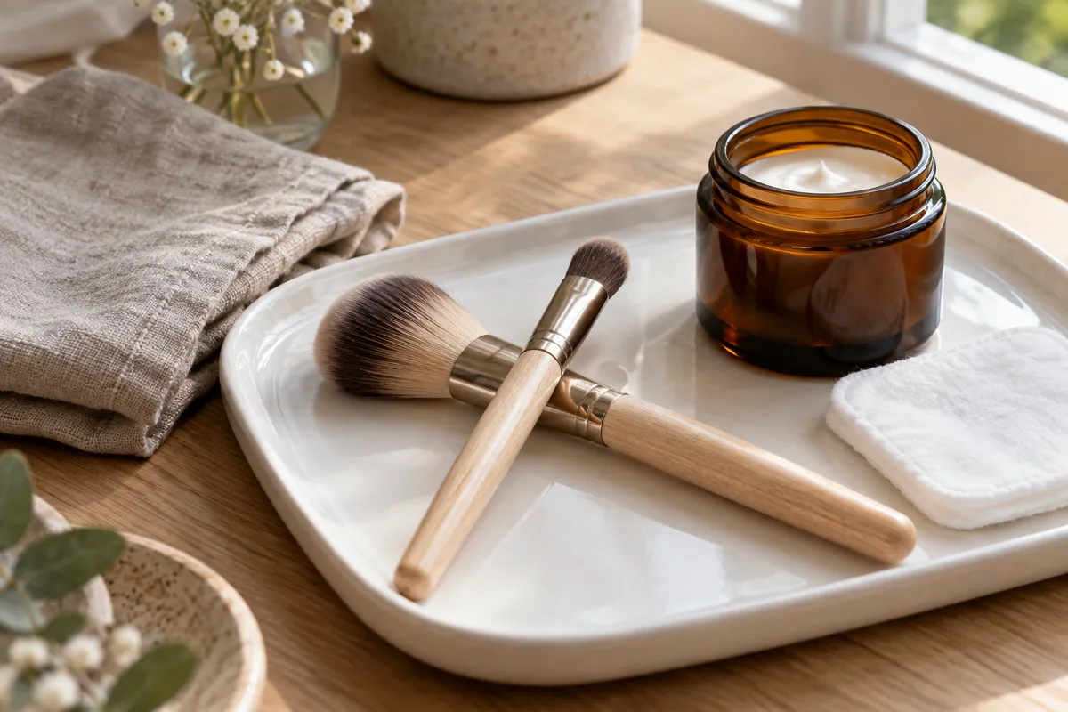 Deux pinceaux à maquillage à manche en bois et un petit pot en verre ambré posés sur un plateau clair